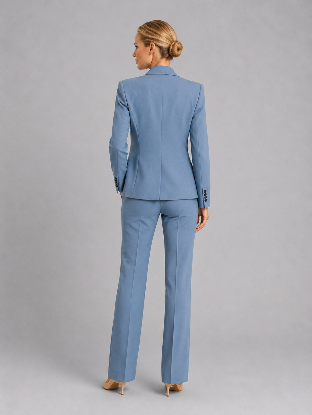 woven tailored single-button blazer and high-waist trouser co-ord set notch lapel flap pockets, mid blue - worn view