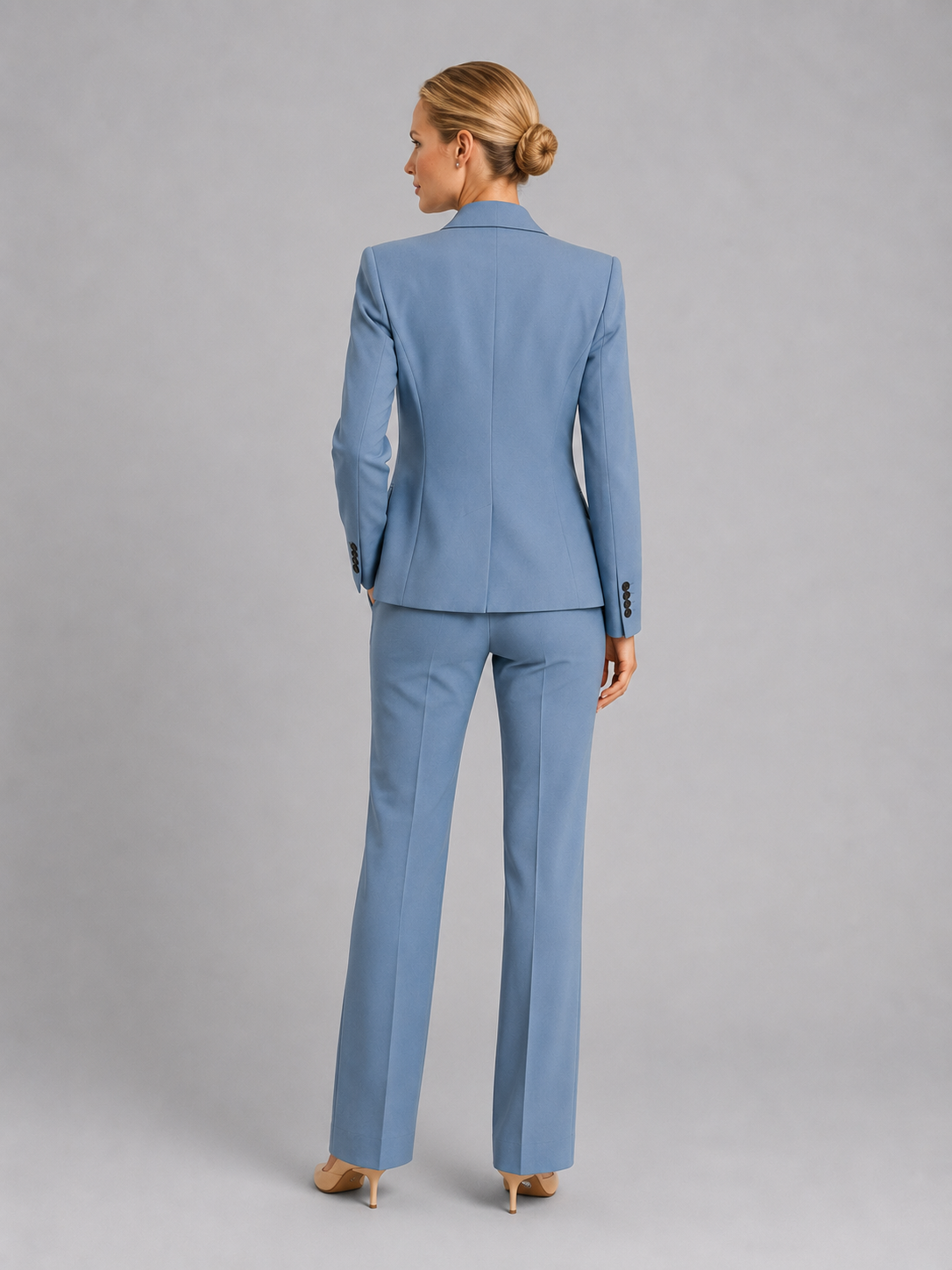 woven tailored single-button blazer and high-waist trouser co-ord set notch lapel flap pockets, mid blue - worn view
