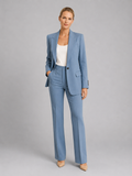 woven tailored single-button blazer and high-waist trouser co-ord set notch lapel flap pockets, mid blue - worn view