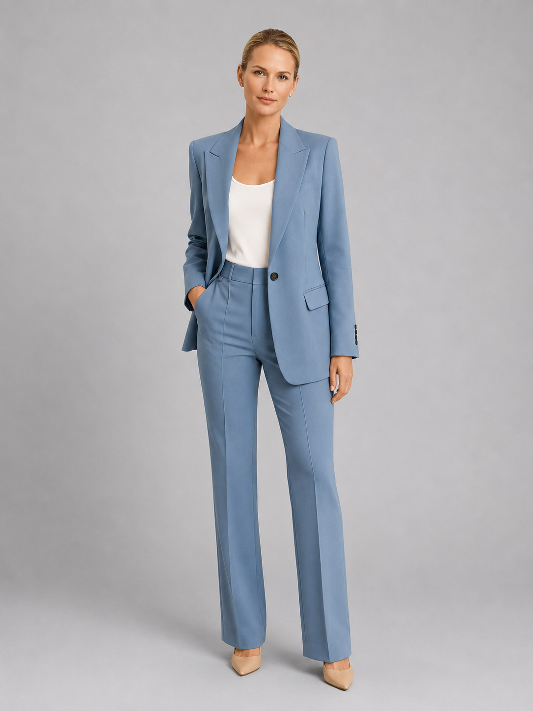 woven tailored single-button blazer and high-waist trouser co-ord set notch lapel flap pockets, mid blue - worn view