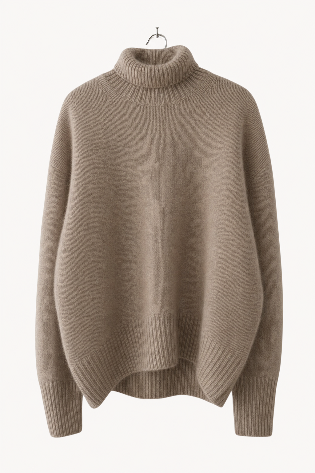 knit roll-neck sweater relaxed fit drop shoulder ribbed cuffs and hem, camel - front view, product only