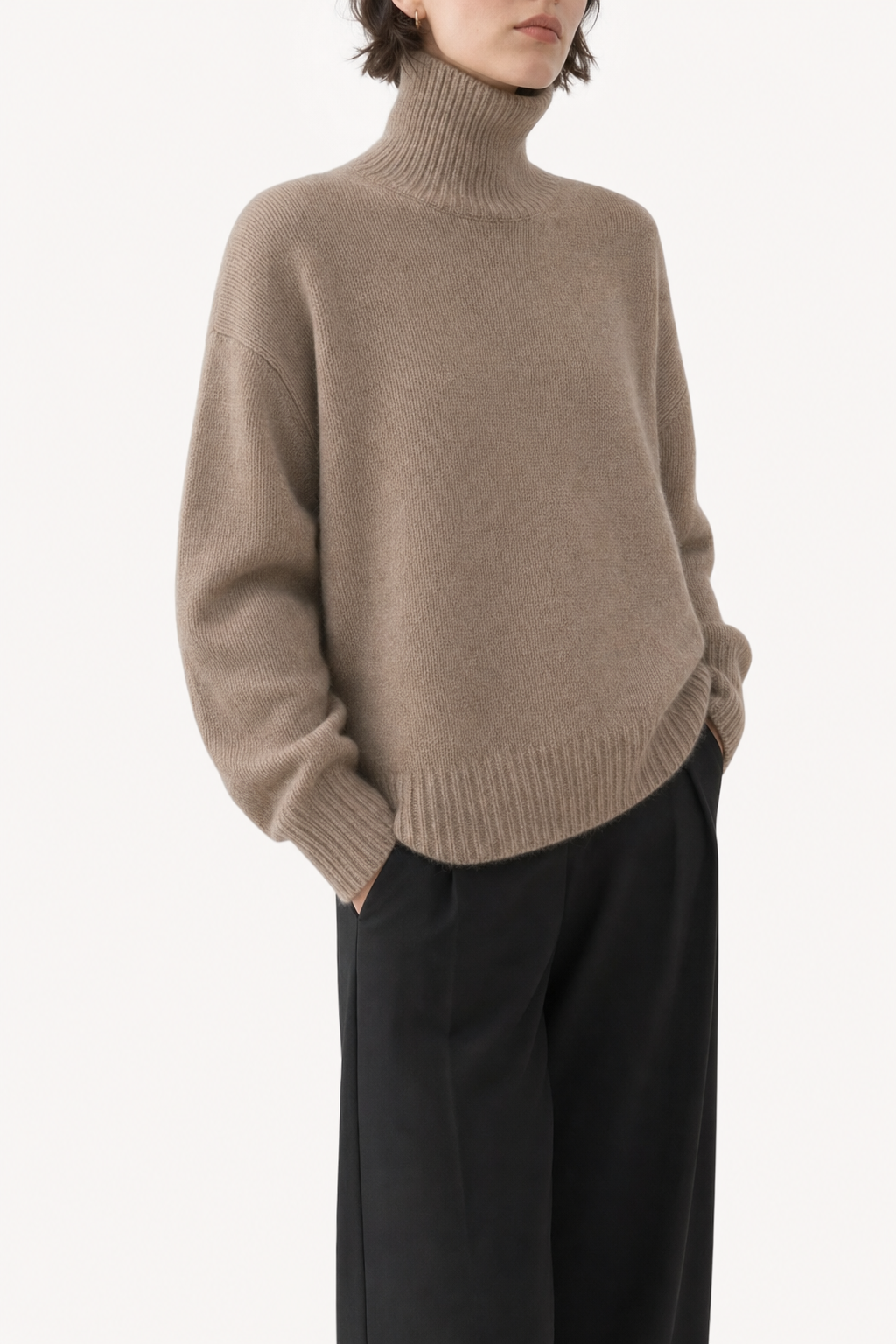 knit roll-neck sweater relaxed fit drop shoulder ribbed cuffs and hem, camel - front view
