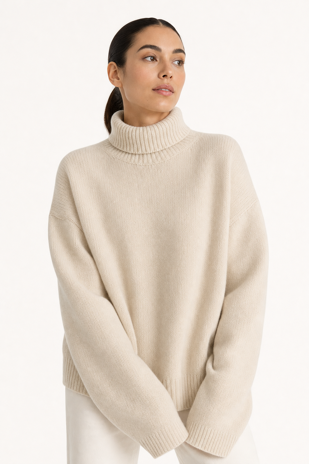 knit roll-neck sweater relaxed fit drop shoulder ribbed cuffs and hem, cream - front view