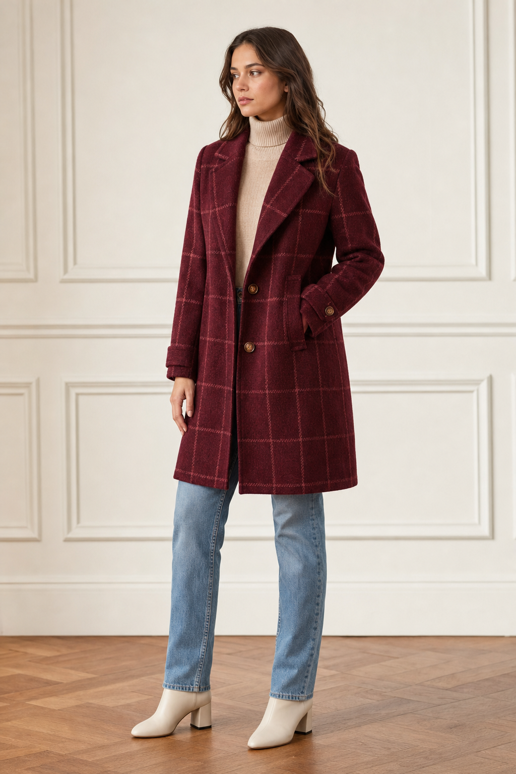 woven windowpane check single-breasted coat notch lapel patch pockets button cuffs, burgundy - front view