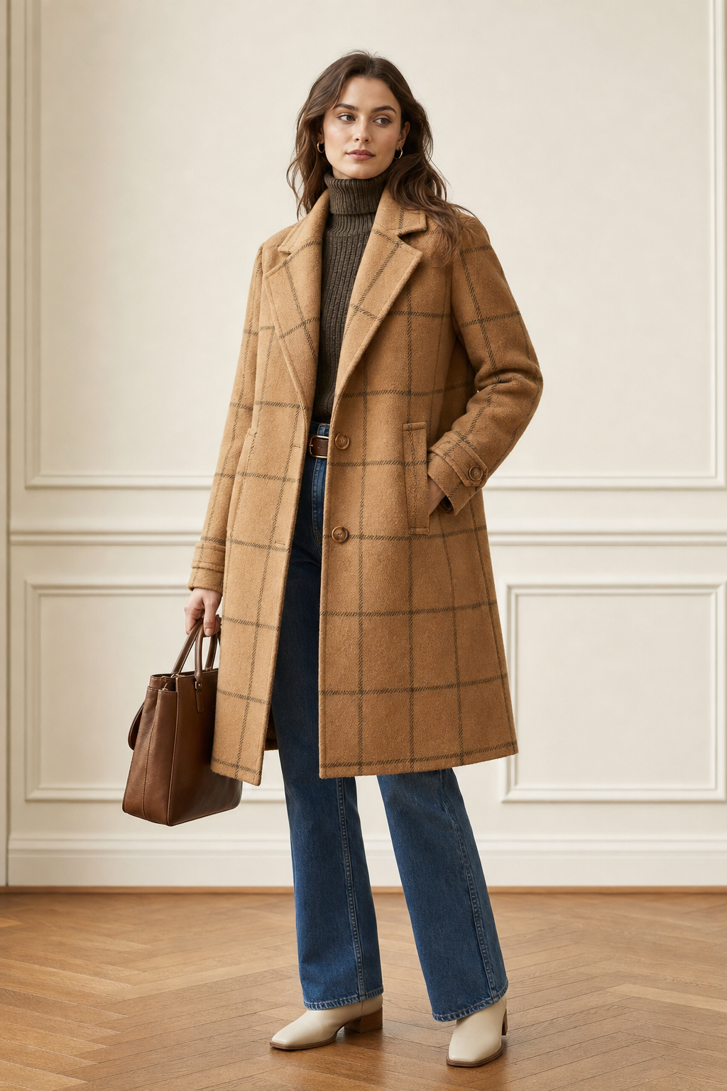 woven windowpane check single-breasted coat notch lapel patch pockets button cuffs, camel - worn, full-length view