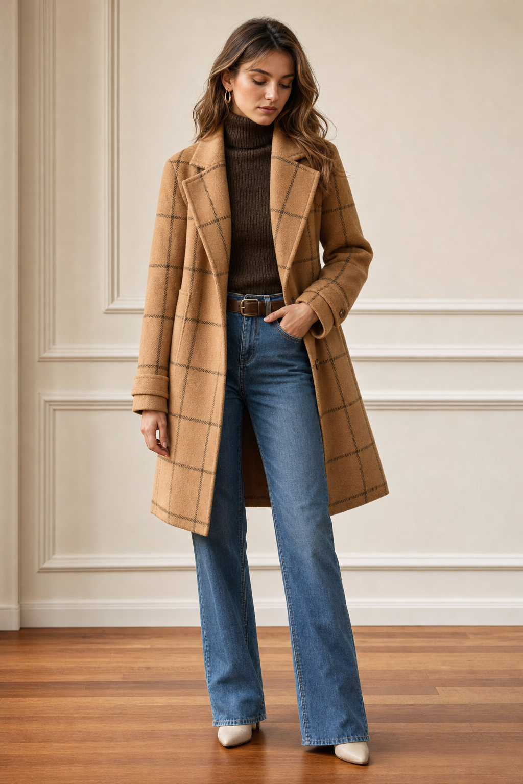 woven windowpane check single-breasted coat notch lapel patch pockets button cuffs, camel - front view