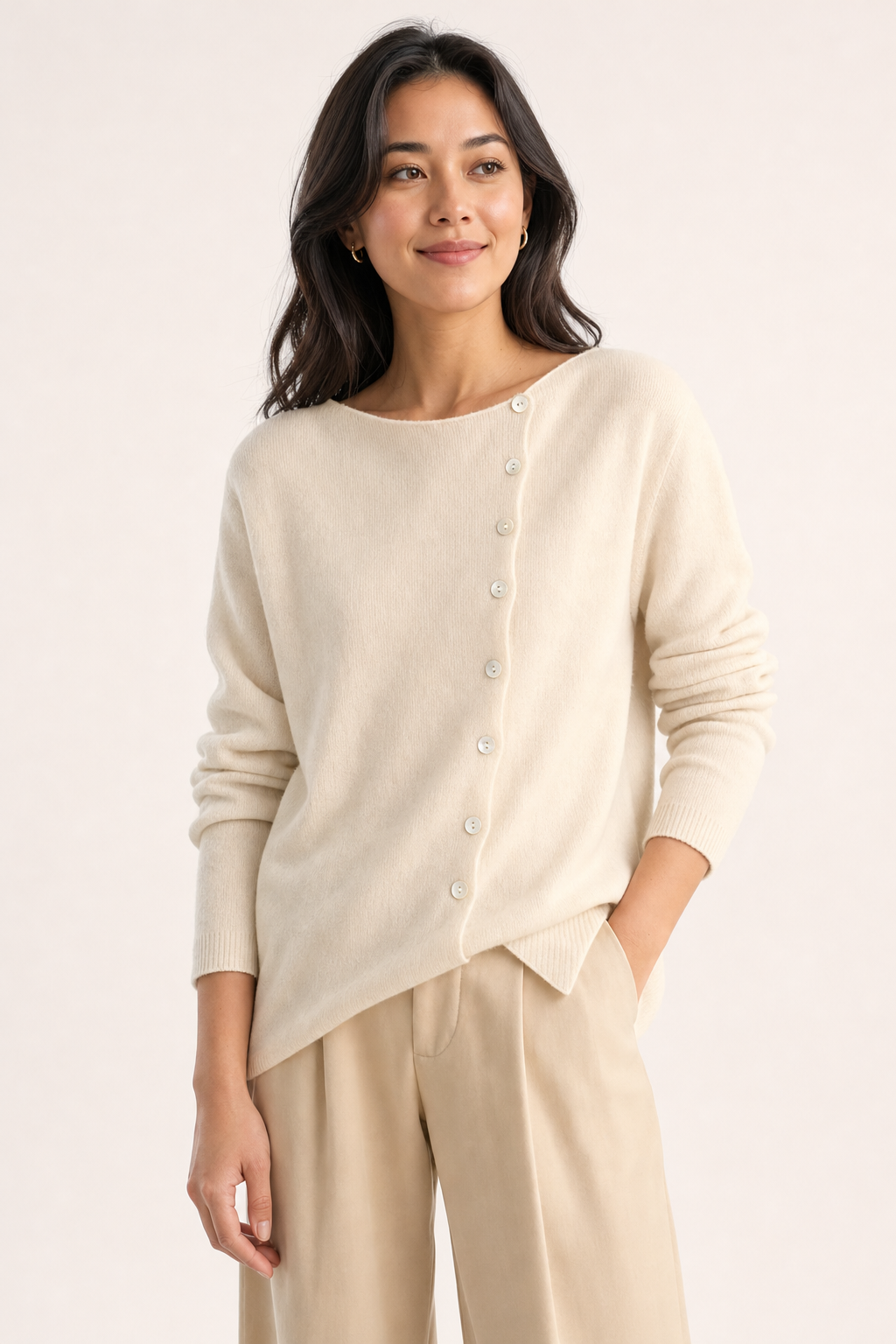 knit asymmetric-neckline cardigan off-centre button placket pearl-effect buttons long sleeve, cream - front view