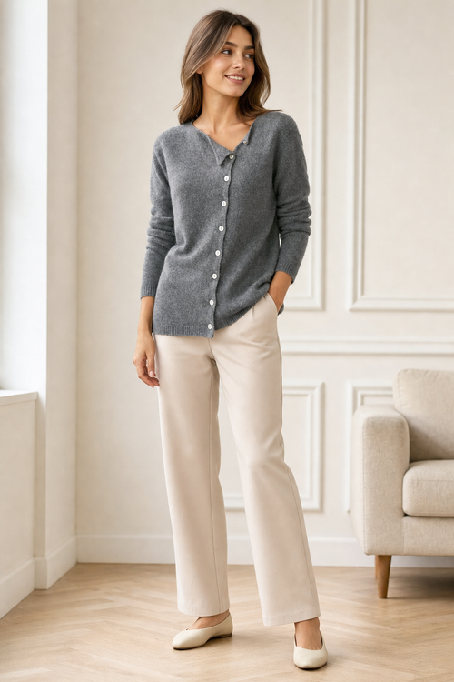 knit asymmetric-neckline cardigan off-centre button placket pearl-effect buttons long sleeve, grey - worn, full-length view