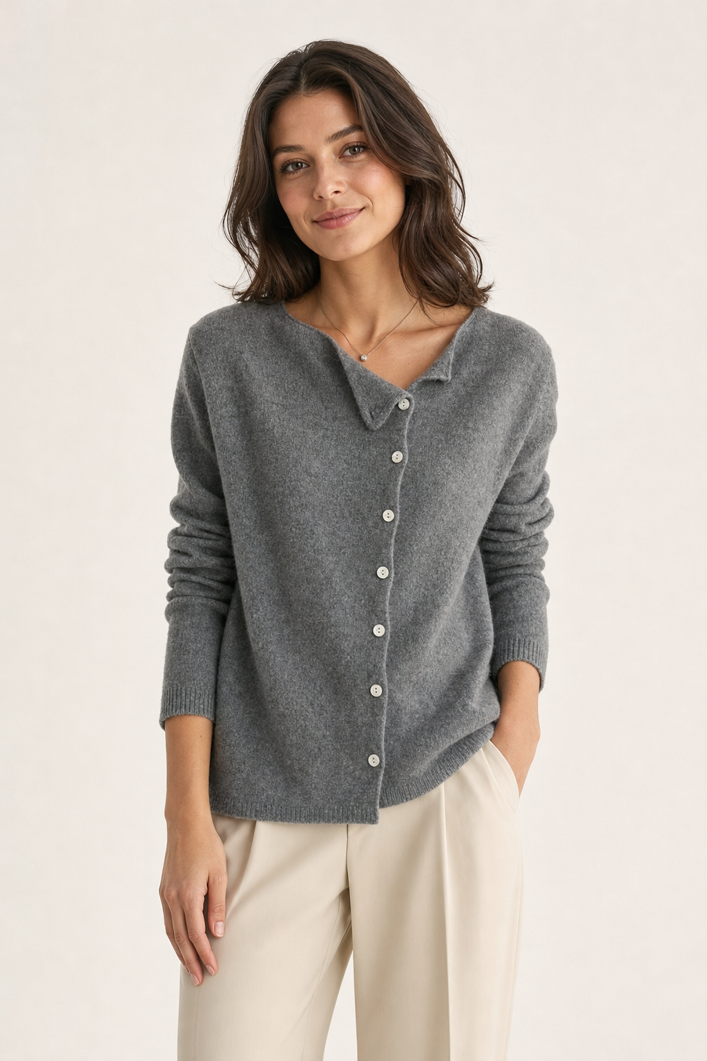 knit asymmetric-neckline cardigan off-centre button placket pearl-effect buttons long sleeve, grey - front view