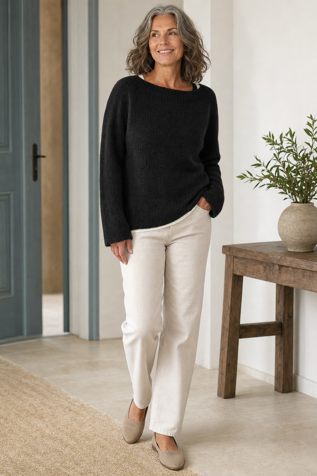 knit raglan crew-neck sweater soft fuzzy texture ribbed neckband relaxed fit, black - worn, full-length view