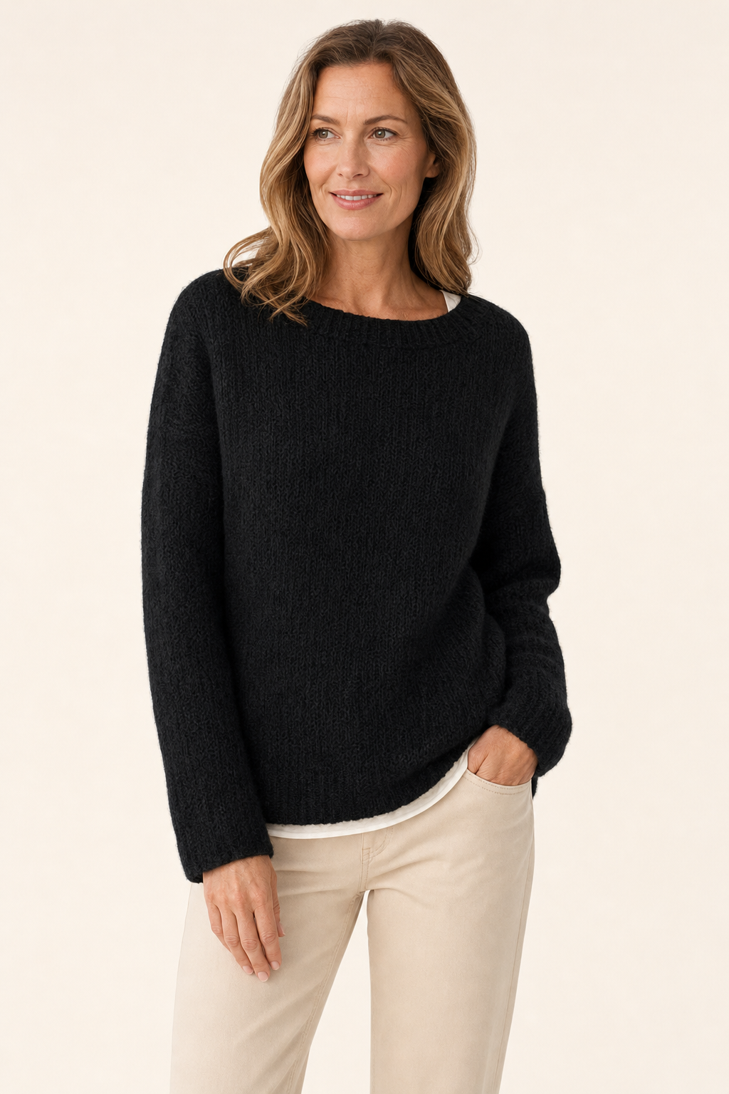 knit raglan crew-neck sweater soft fuzzy texture ribbed neckband relaxed fit, black - front view