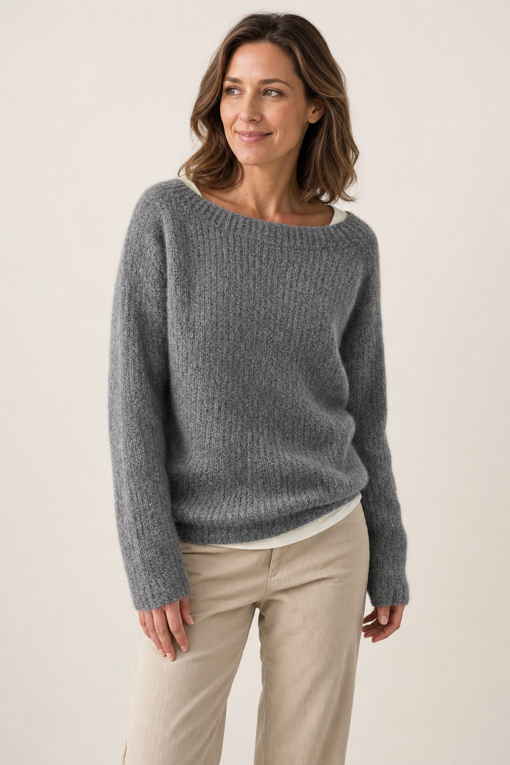 knit raglan crew-neck sweater soft fuzzy texture ribbed neckband relaxed fit, grey - front view