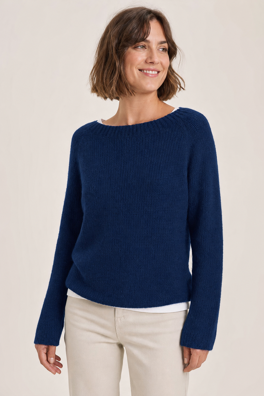 knit raglan crew-neck sweater soft fuzzy texture ribbed neckband relaxed fit, navy - front view