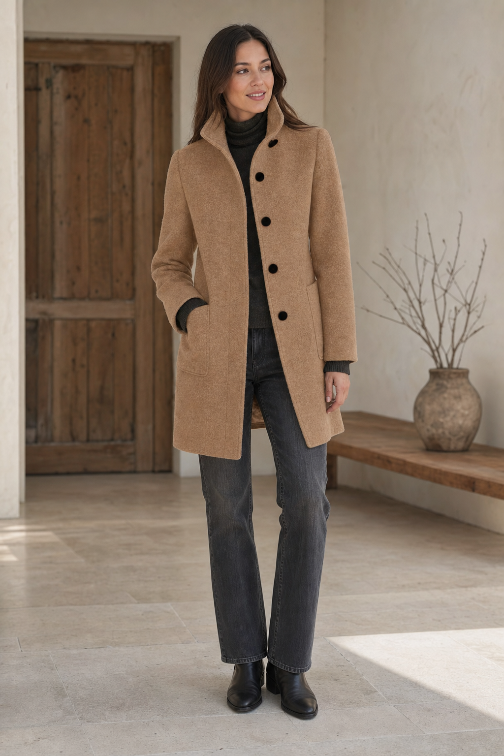 woven stand-collar single-breasted coat large flat buttons patch pockets, camel - worn, full-length view