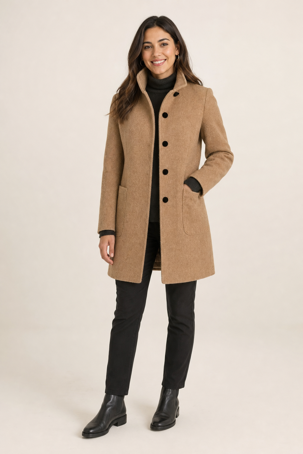 woven stand-collar single-breasted coat large flat buttons patch pockets, camel - front view