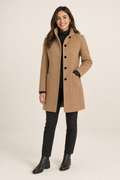 woven stand-collar single-breasted coat large flat buttons patch pockets, camel - front view