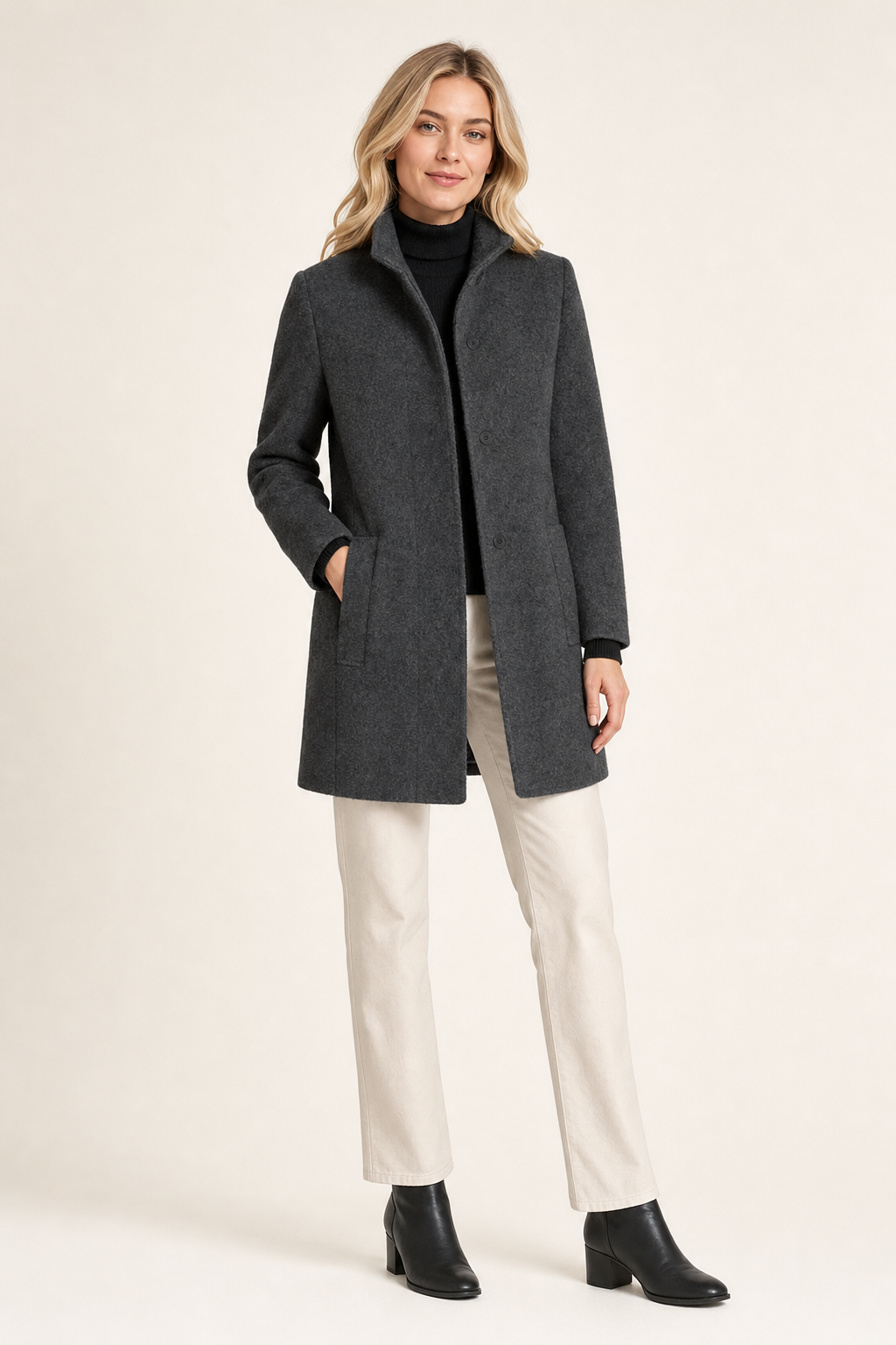 woven stand-collar single-breasted coat large flat buttons patch pockets, dark grey - front view