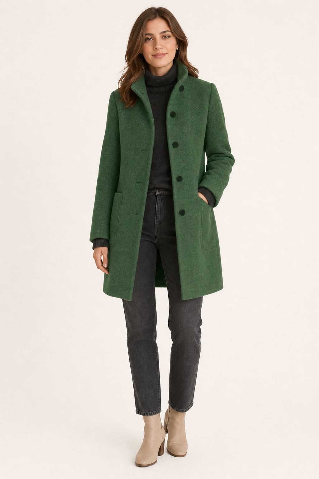 woven stand-collar single-breasted coat large flat buttons patch pockets, green - front view