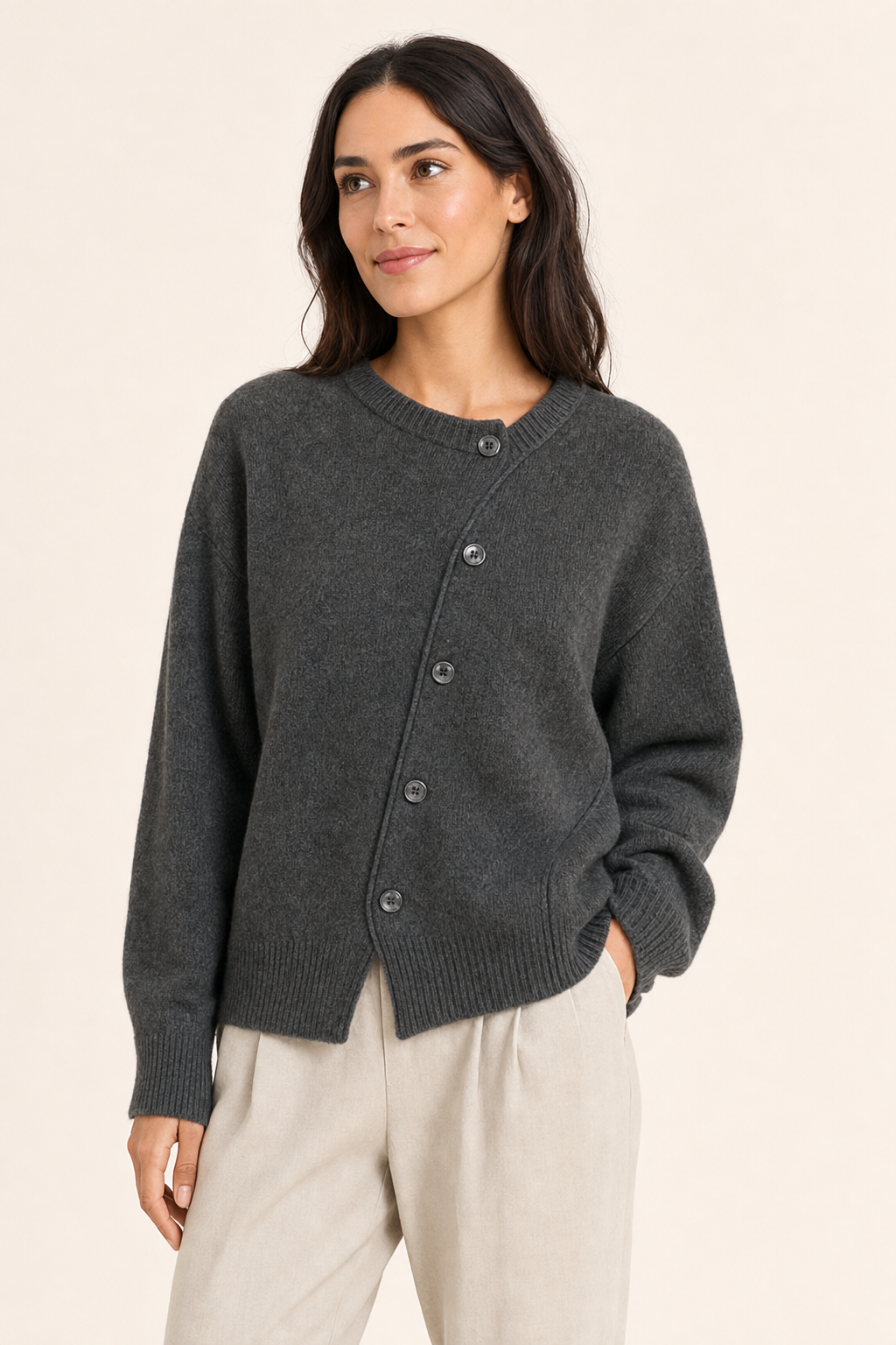 knit asymmetric button cardigan round neck diagonal placket ribbed cuffs uneven hem, dark grey - front view