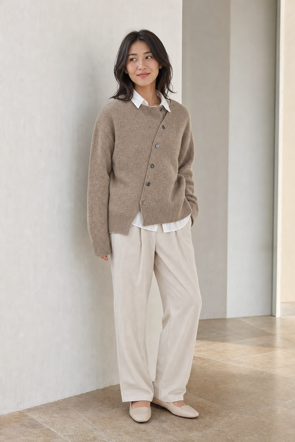 knit asymmetric button cardigan round neck diagonal placket ribbed cuffs uneven hem, taupe - worn, full-length view