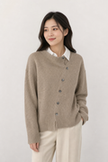 knit asymmetric button cardigan round neck diagonal placket ribbed cuffs uneven hem, taupe - front view