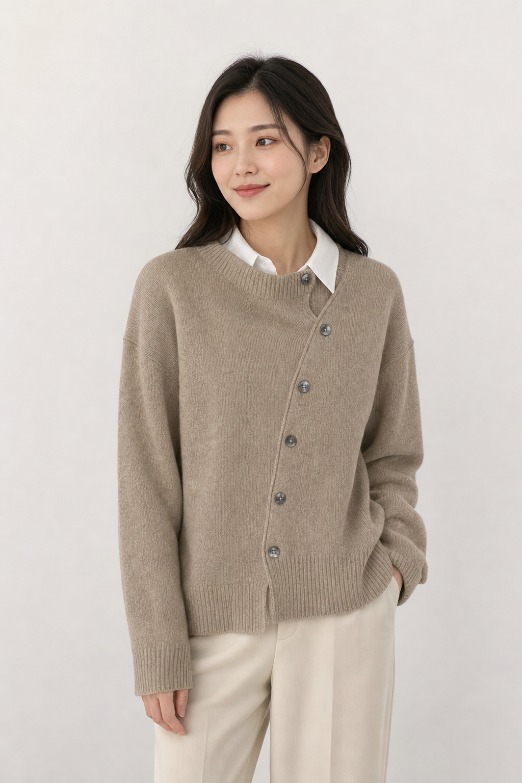 knit asymmetric button cardigan round neck diagonal placket ribbed cuffs uneven hem, taupe - front view