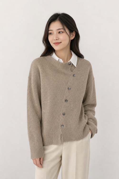 knit asymmetric button cardigan round neck diagonal placket ribbed cuffs uneven hem, taupe - front view
