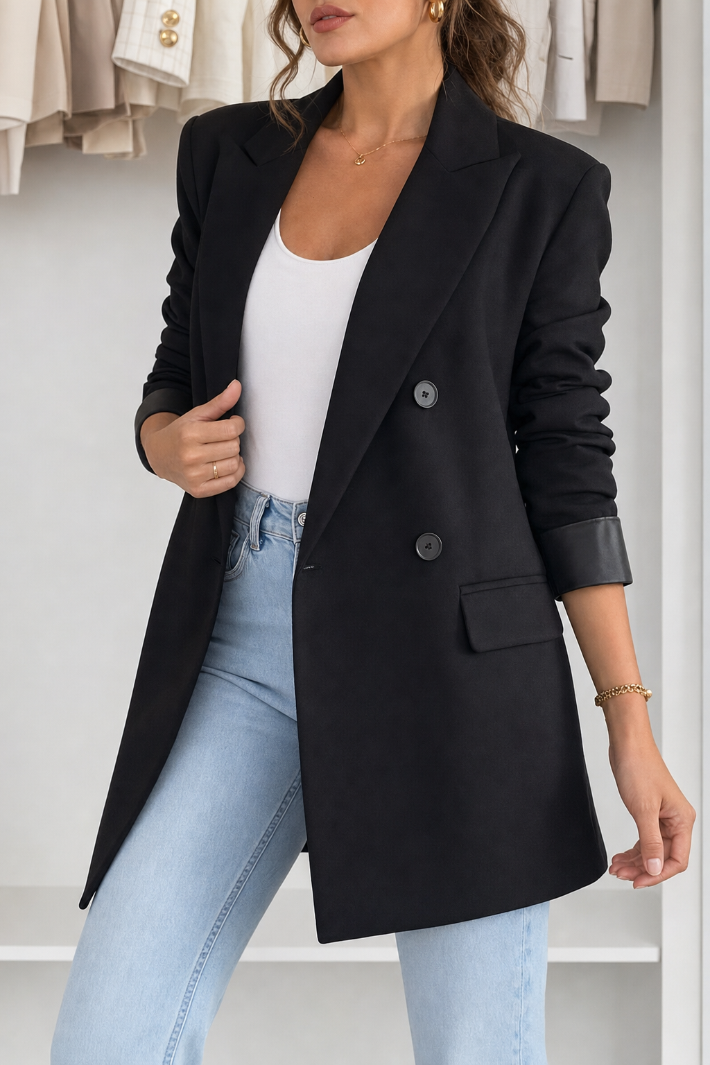woven longline double-breasted blazer wide lapel flap pockets contrast cuff facing, black - worn, full-length view