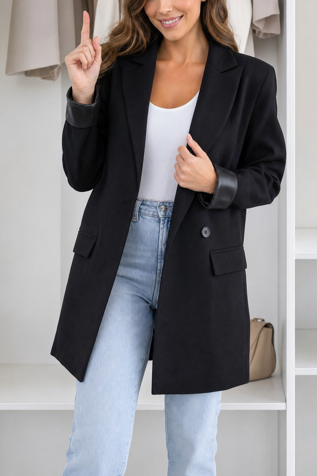 woven longline double-breasted blazer wide lapel flap pockets contrast cuff facing, black - front view