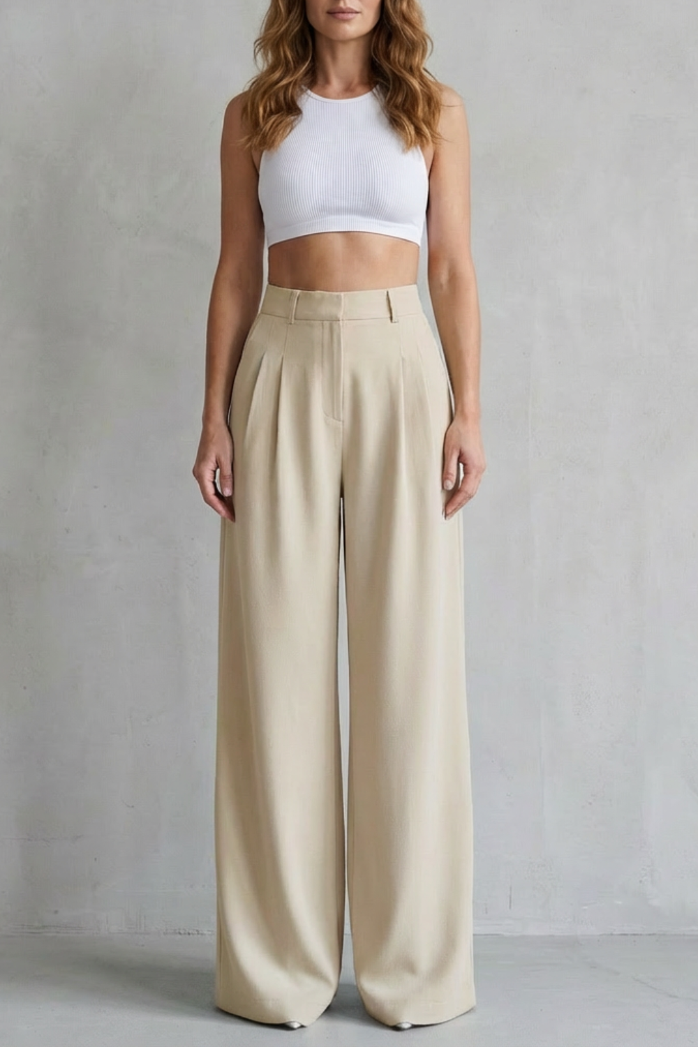 woven pleated high-waisted wide-leg trousers front fastening full length, beige - worn view