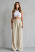 woven pleated high-waisted wide-leg trousers front fastening full length, beige - worn view