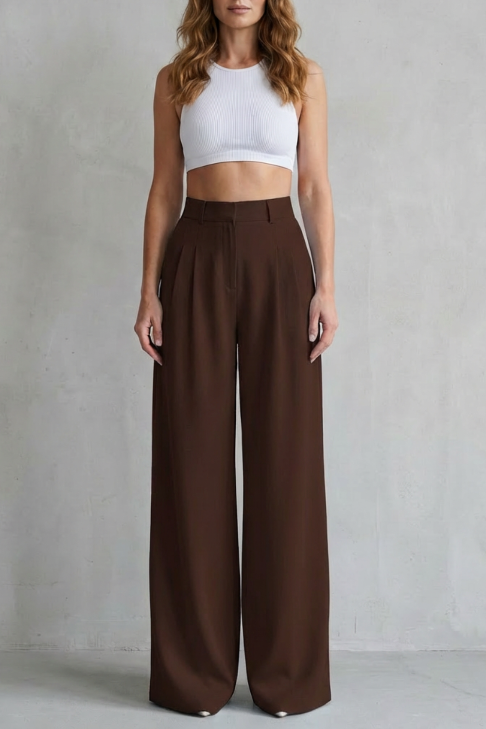 woven pleated high-waisted wide-leg trousers front fastening full length, brown - worn view
