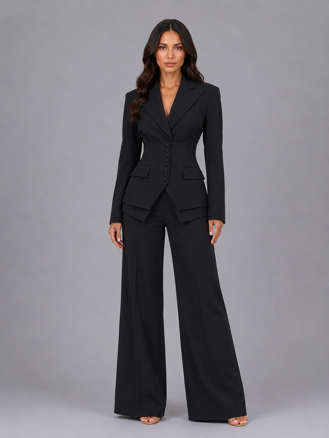 woven tailored blazer and wide-leg trouser set, black - worn view