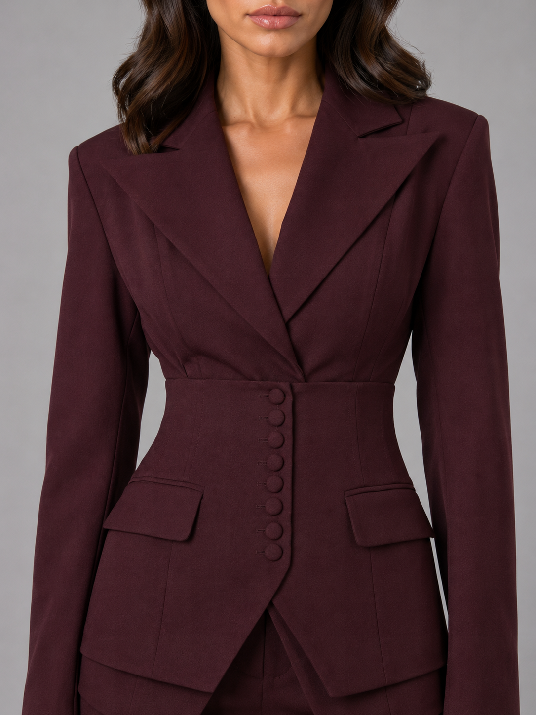 woven tailored blazer and wide-leg trouser set, burgundy - worn view