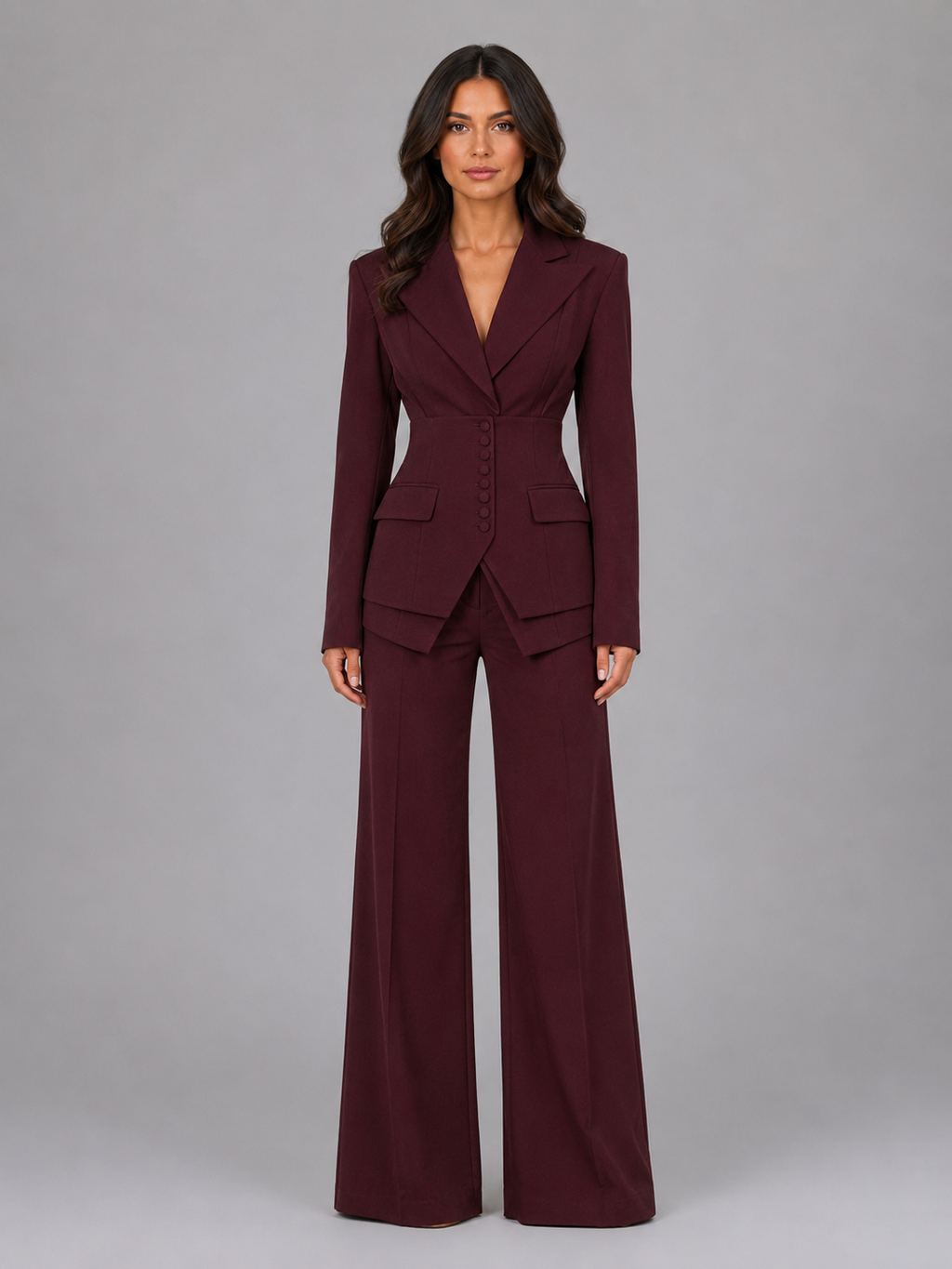 woven tailored blazer and wide-leg trouser set, burgundy - worn view