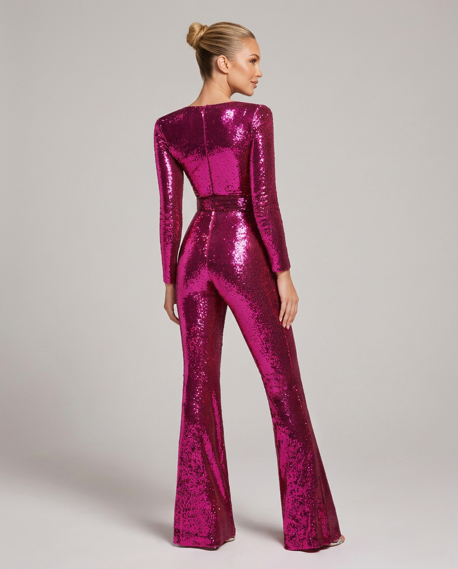 sequin belted flared jumpsuit, hot pink - worn view