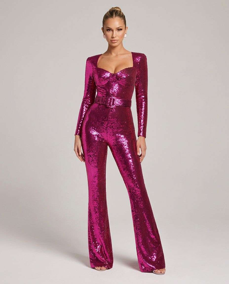 sequin belted flared jumpsuit, hot pink - worn view