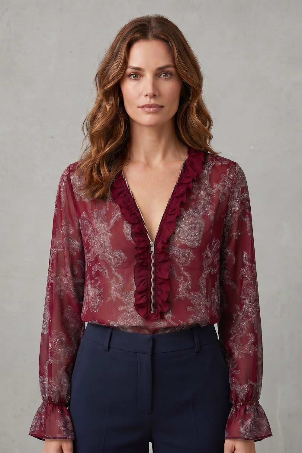 chiffon paisley ruffle v-neck blouse, burgundy - worn view