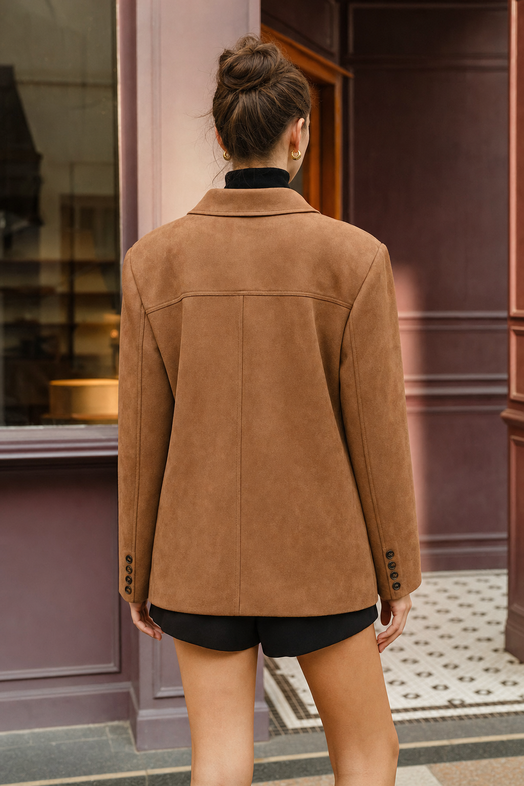suede-effect relaxed single-breasted blazer, camel - worn, full-length view