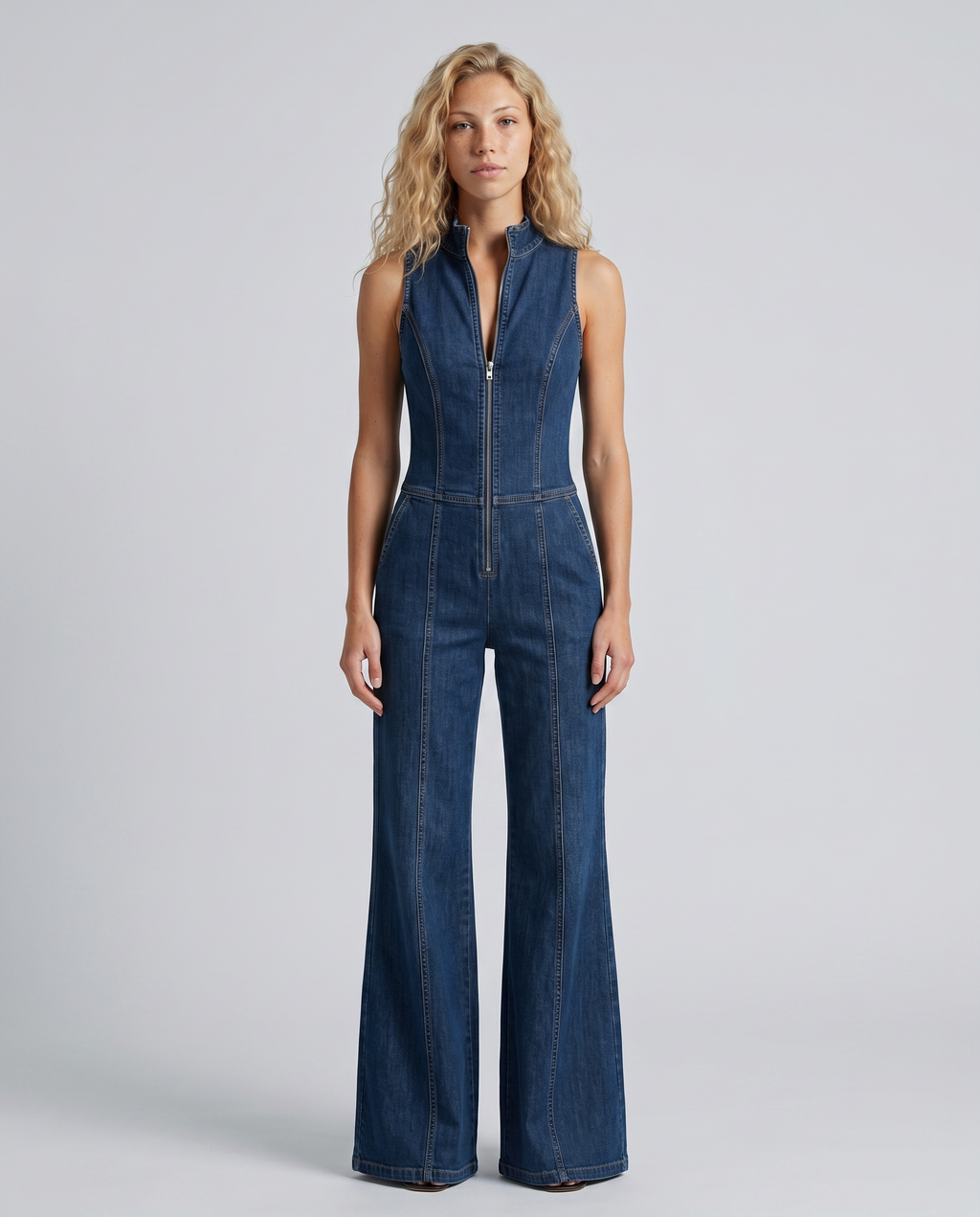 denim sleeveless flared jumpsuit, mid blue - worn view