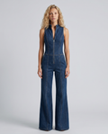 denim sleeveless flared jumpsuit, mid blue - worn view