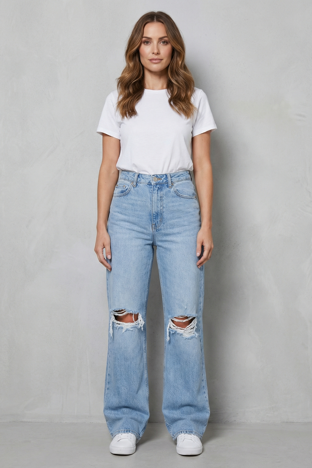 denim ripped wide-leg jeans, light blue - worn view