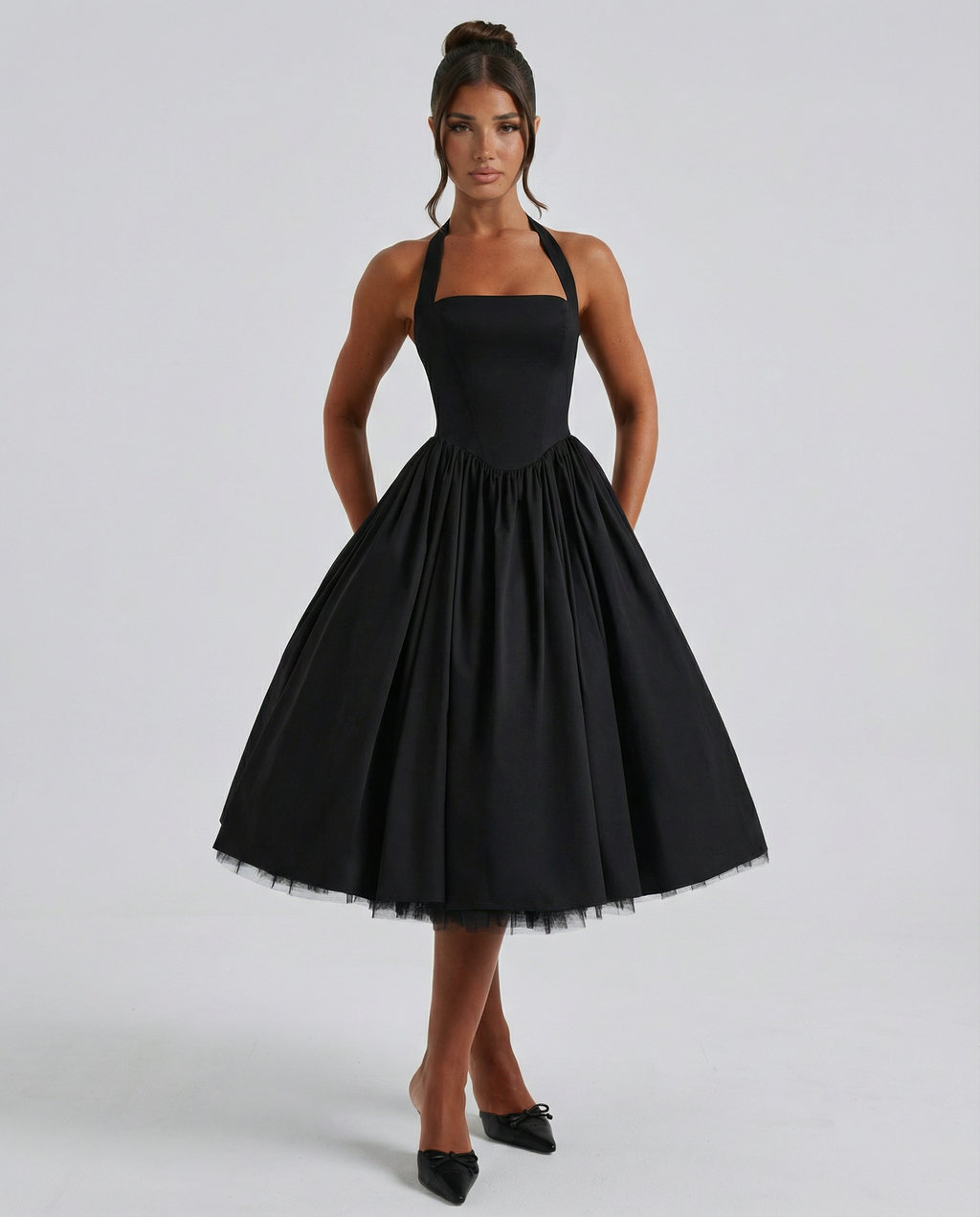 woven halter neck midi dress, black - worn view