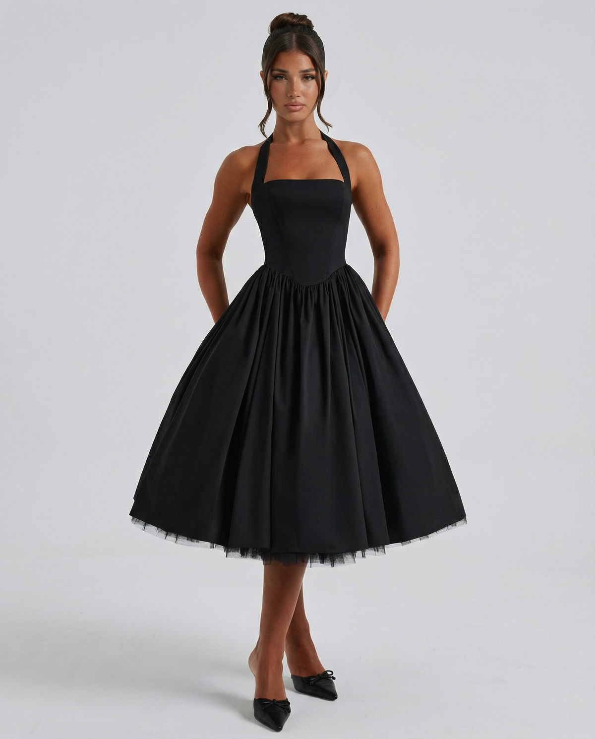 woven halter neck midi dress, black - worn view