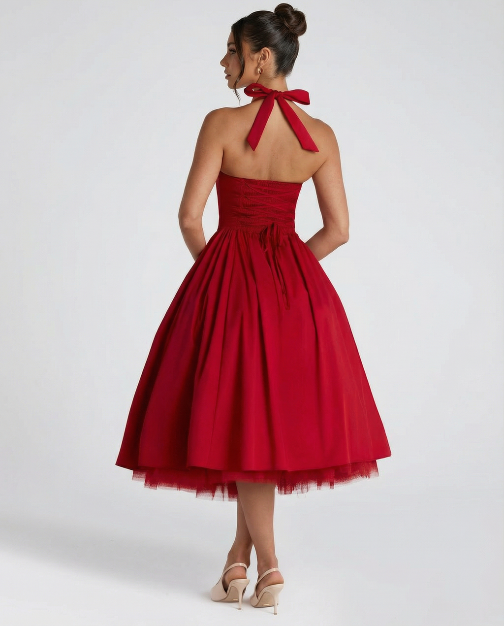 woven halter neck midi dress, red - worn view