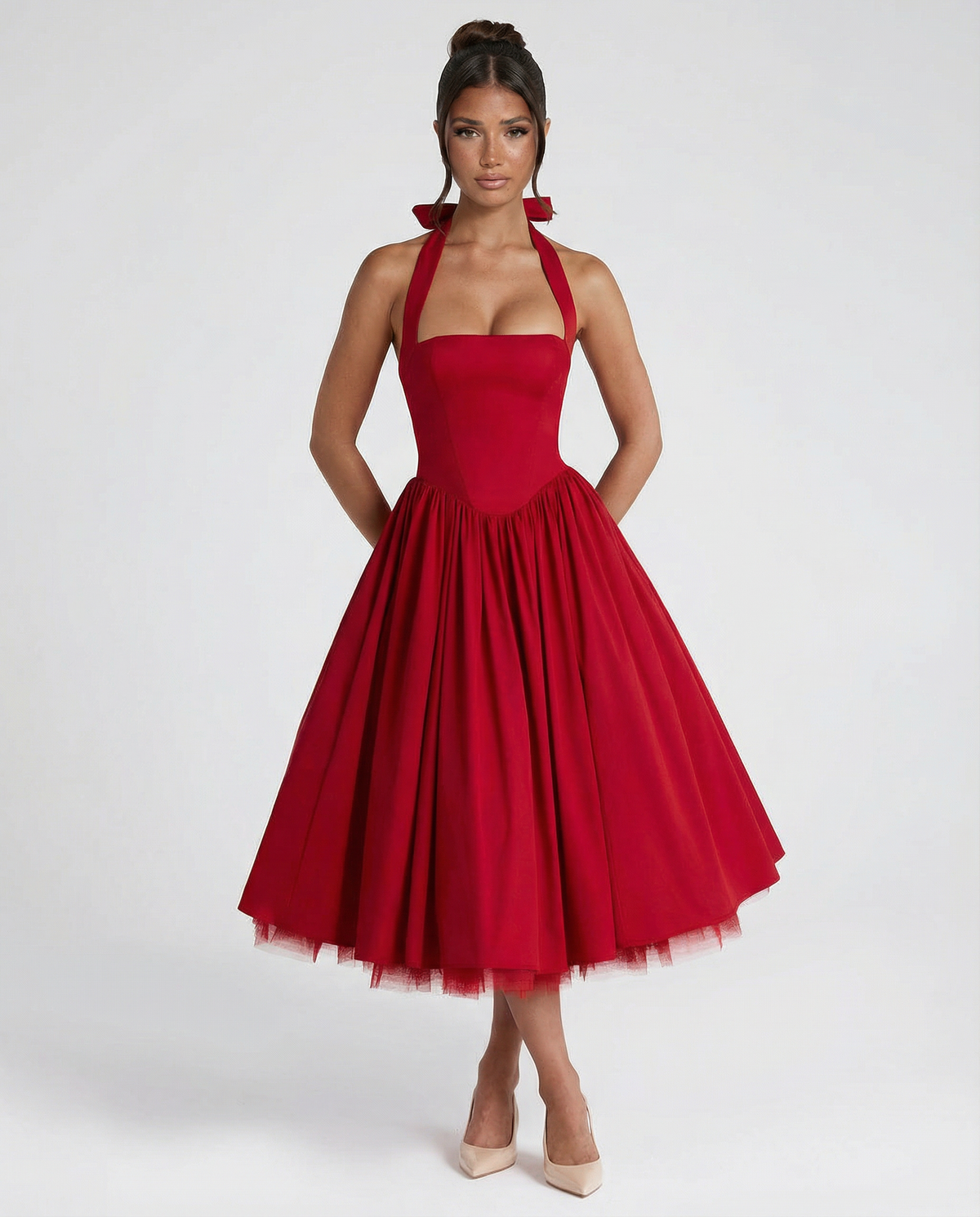 woven halter neck midi dress, red - worn view