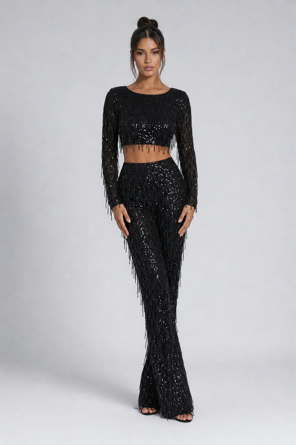 sequin crop top and wide-leg trousers co-ord, black - front view