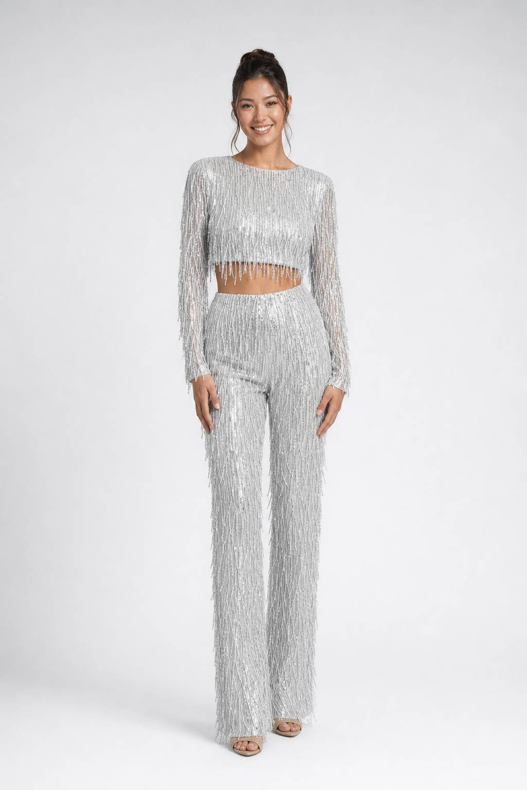 sequin crop top and wide-leg trousers co-ord, silver - worn, full-length view