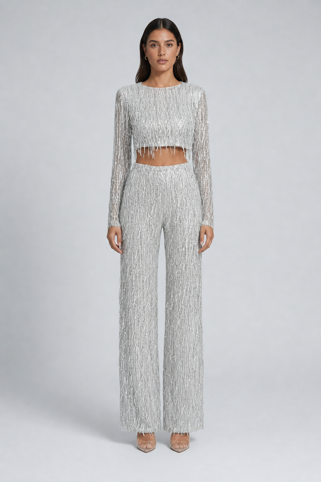 sequin crop top and wide-leg trousers co-ord, silver - front view