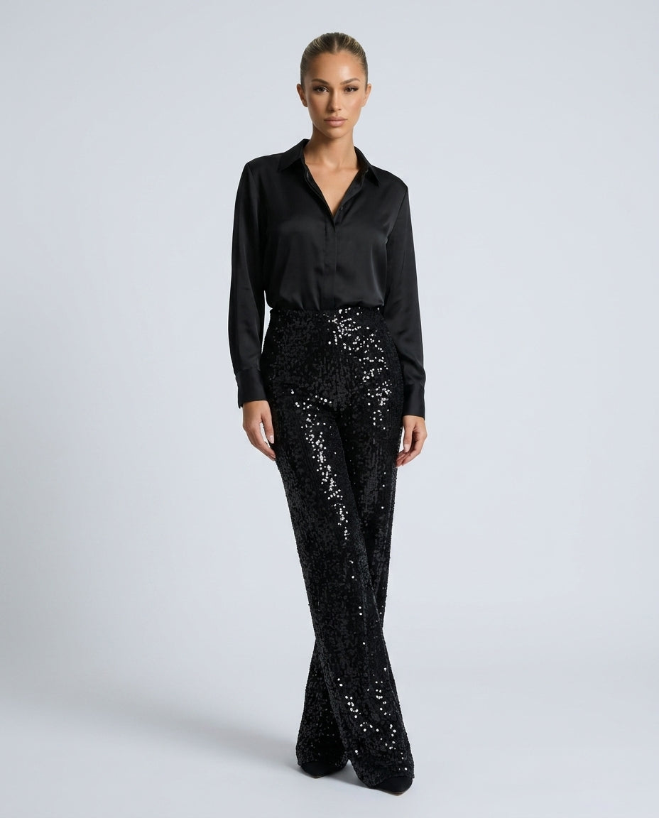sequin high-waist straight-leg trousers, black - worn view